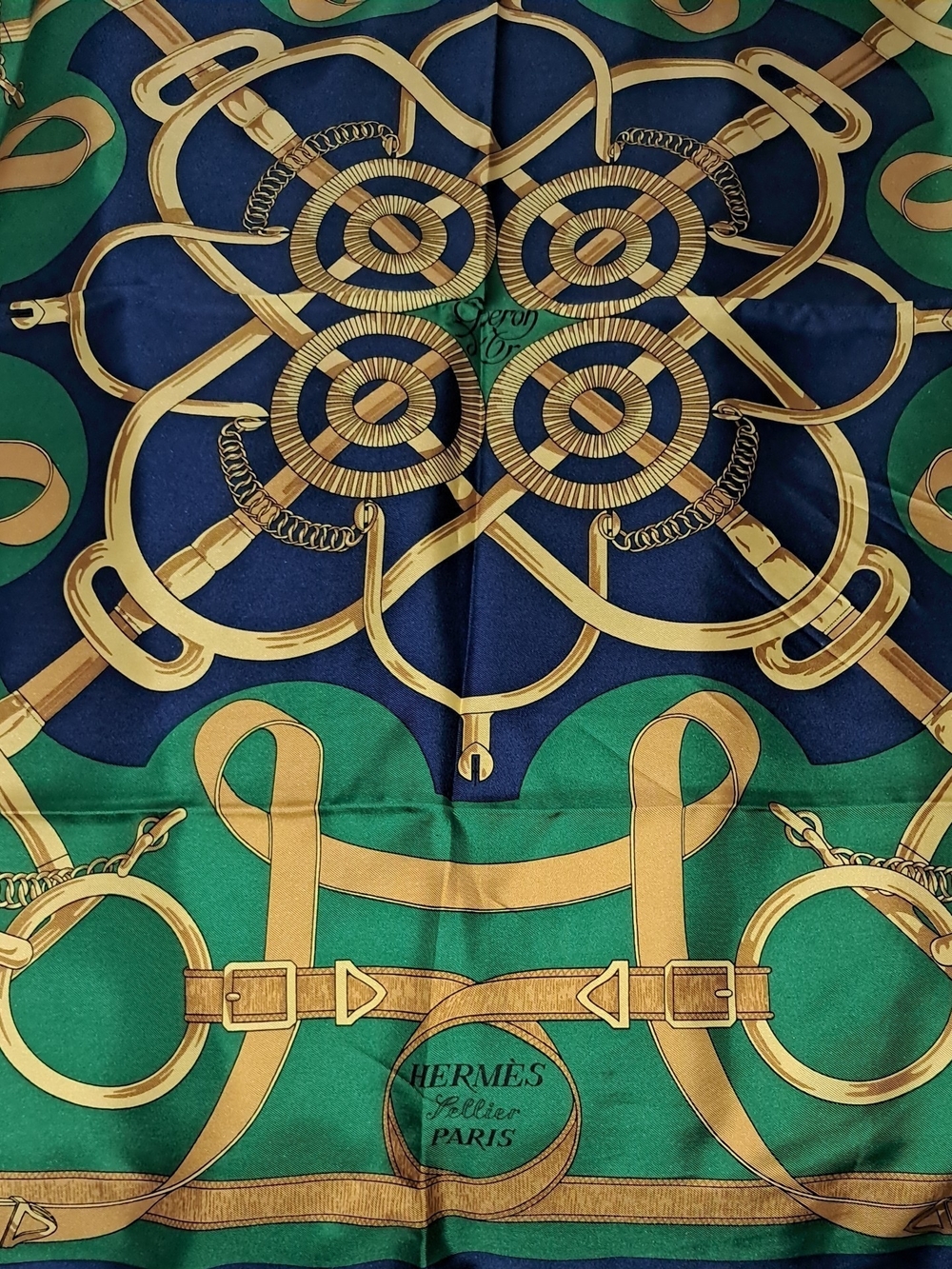 Hermes Green and Blue Silk Scarf with Gold Equestrian Motif